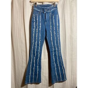 Boho Blue Distressed Vertical Frayed Seam Flare Bell Bottom Women Jeans 2 SHEIN